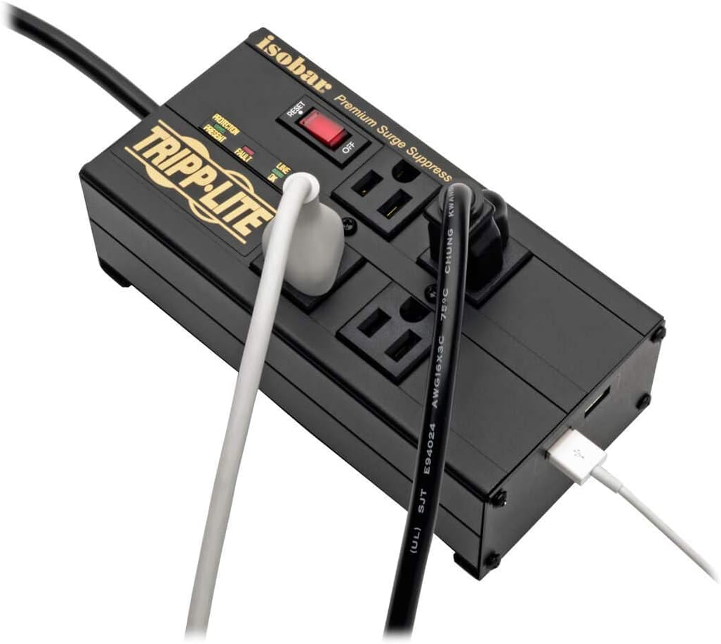 Isobar 4 Outlet Surge Protector Power Strip with 2 USB Charging Ports, 8Ft Long Cord, Right-Angle Plug, Metal, 3330 Joules, Lifetime Limited Warranty & $50K Insurance (IBAR4ULTRAUSBB)