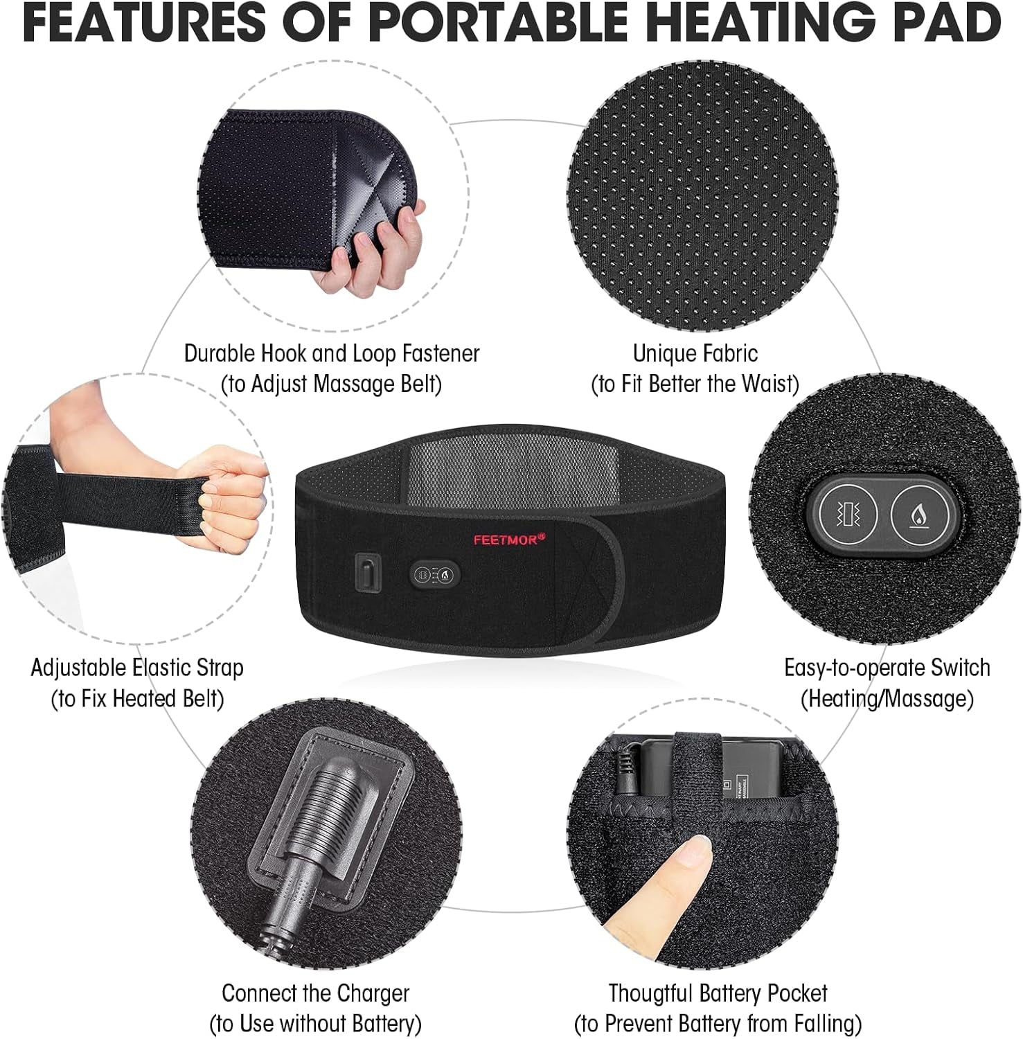 Heated Waist Belt, Cordless Heating Pad for Low Back Electrical Heating Rechargeable Battery Powered
